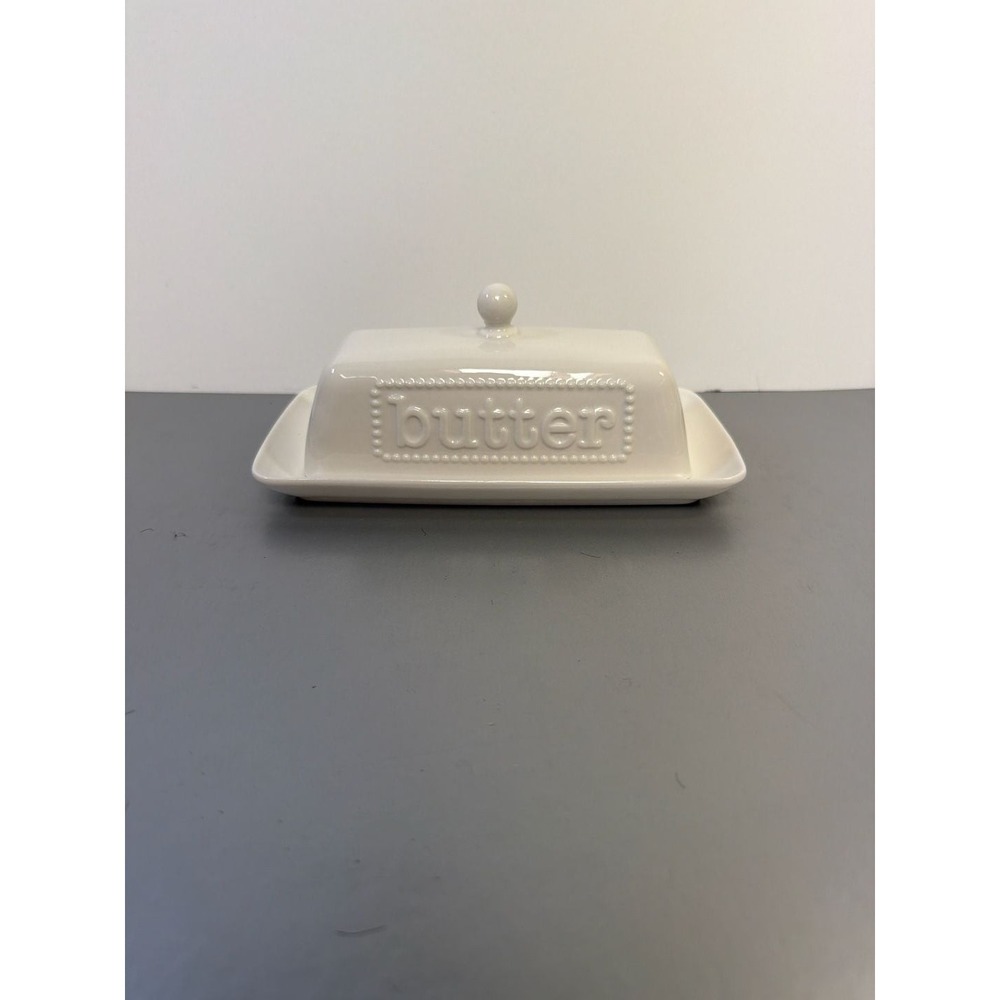 Maison Neuve White Ceramic Butter Dish with Embossed Beaded Lid